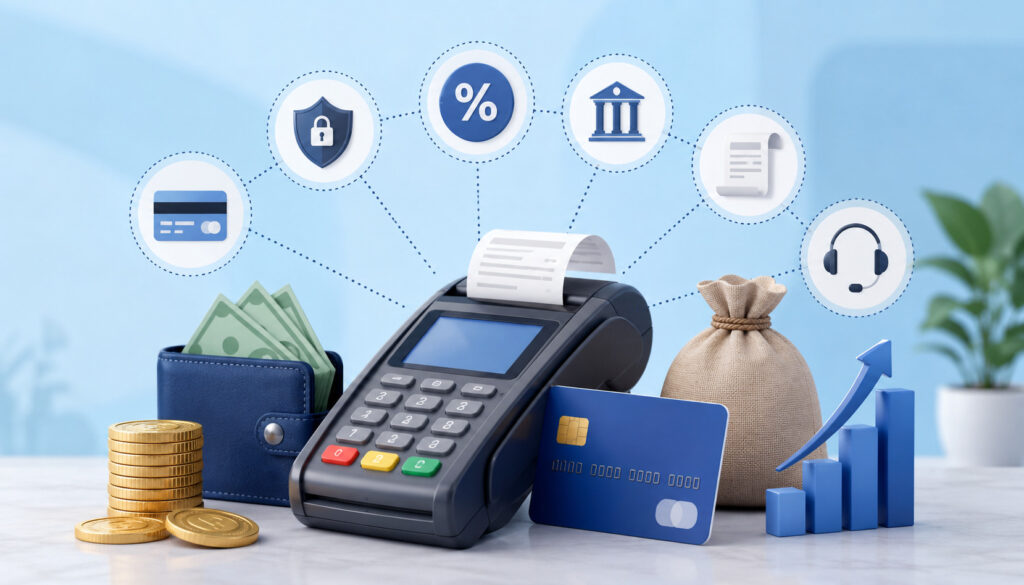 Merchant services fees with card reader and payment icons