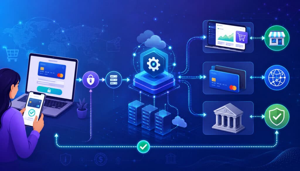 Payment API connecting checkout, gateway, bank, and merchant systems