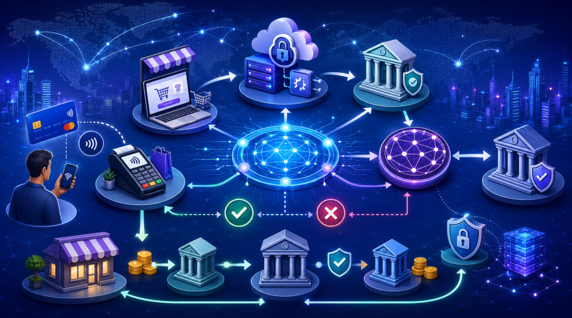 Payment network flow with secure transaction routing, banks, cards, and merchant checkout