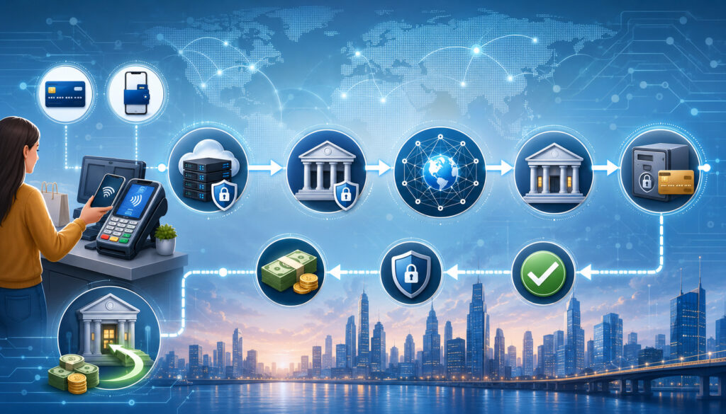 Payment network transaction flow from customer checkout to bank authorization and settlement