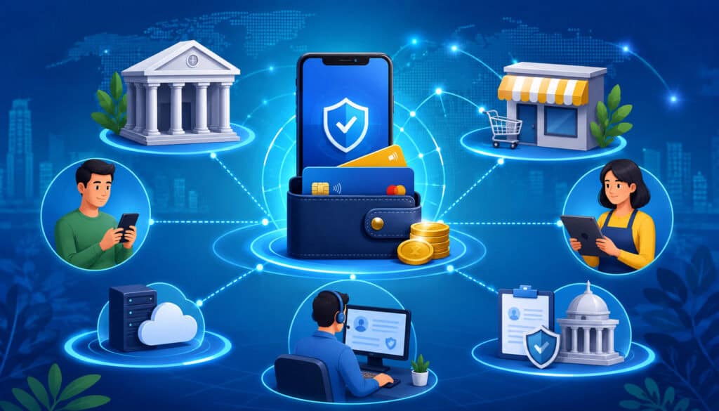 Key participants in a digital payment network with connected banks, merchants, consumers, and payment processors