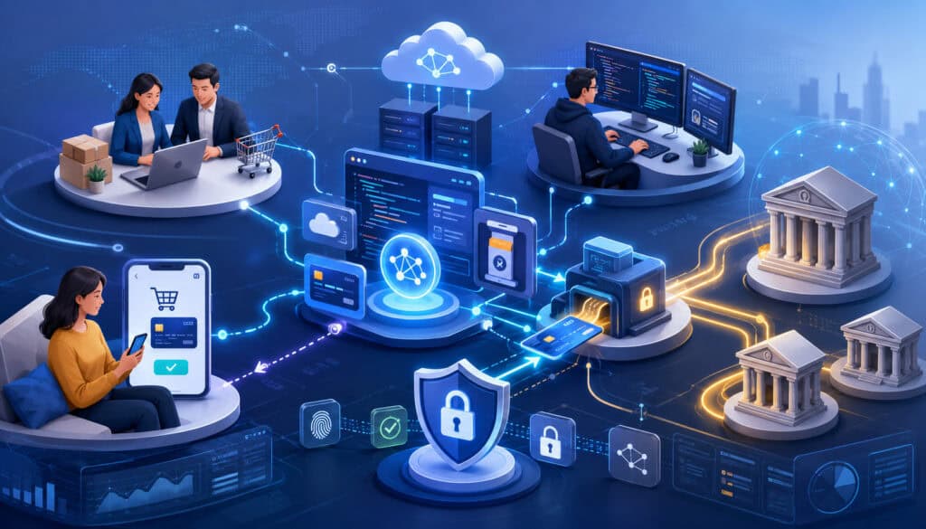 Payment API integration network with merchants, developers, customers, banks, and secure transaction icons