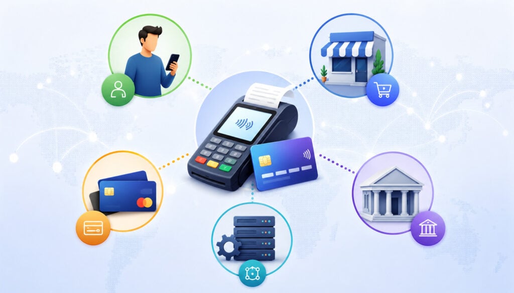 Payment processing fee parties and transaction network illustration