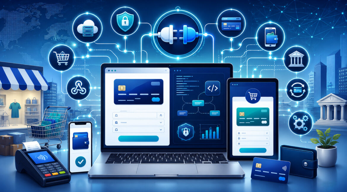 Payment API integration connecting checkout, mobile wallets, banks, and secure payment systems