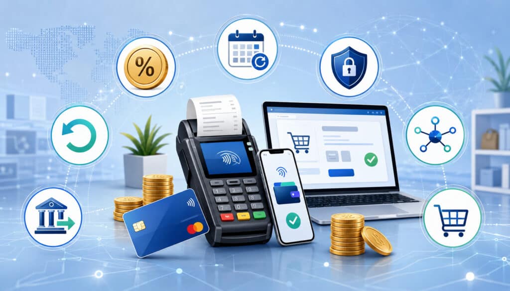 Payment processing fees illustration with POS terminal, credit card, mobile payment, and fee icons